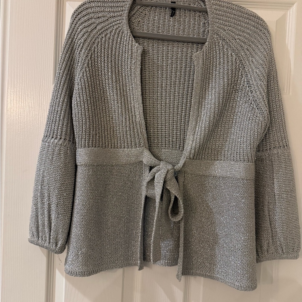 Tahari Silver-Gray Tie-Front Knit Cardigan